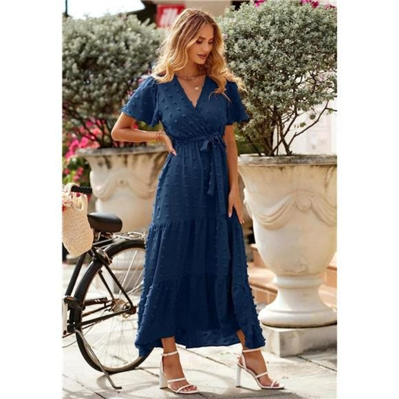 Women Boho Swiss Dot Maxi Dresses V Neck Flutter Short Sleeve Flowy Long Dresses - Picture 6 of 6